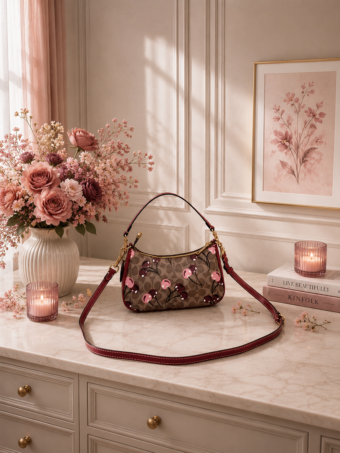 COACH CY694 Teri Shoulder Bag Signature Canvas Cherry Print Tan Brown NWT