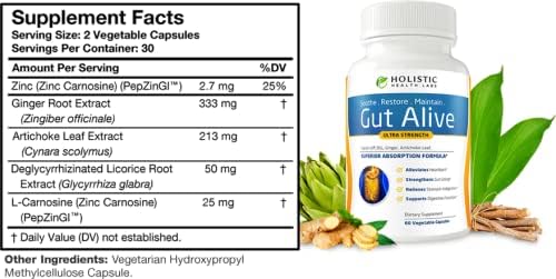 Gut Alive - All Natural Support to Fight IBS, Heartburn, Acid Indigestion, Acid Reflux, Bloating & Gas. Unique Formulation  60 Count