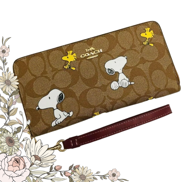 COACH x PEANUTS Long Zip around Wallet Snoopy Woodstock Khaki Signature F/S